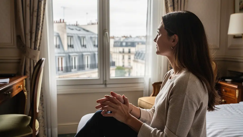 Voyageuse contemplant la vue sur les toits parisiens depuis sa chambre d'hôtel