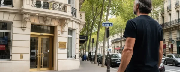 Voyageur arrivant devant la façade élégante d'un hôtel parisien haussmannien dans le 8e arrondissement