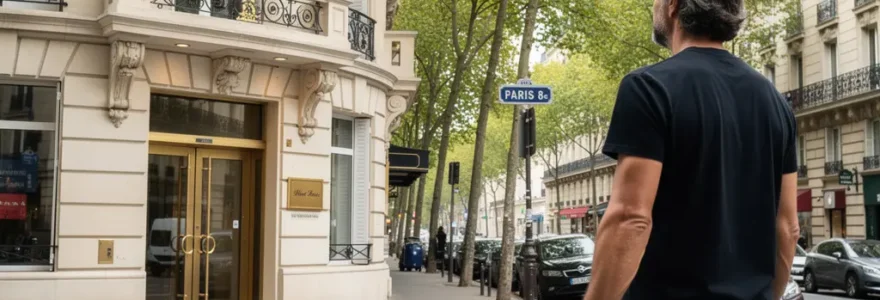 Voyageur arrivant devant la façade élégante d'un hôtel parisien haussmannien dans le 8e arrondissement
