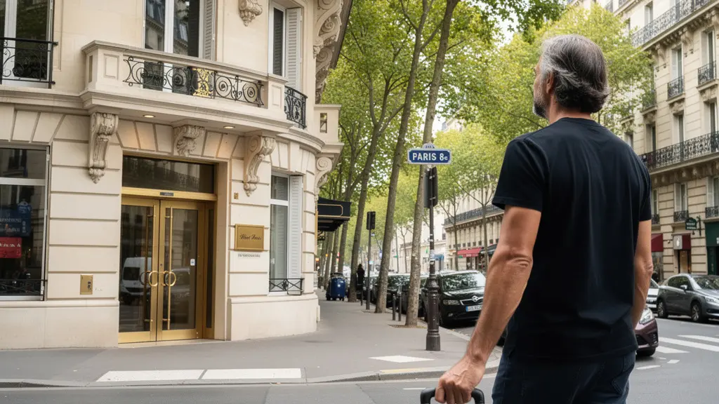 Voyageur arrivant devant la façade élégante d'un hôtel parisien haussmannien dans le 8e arrondissement