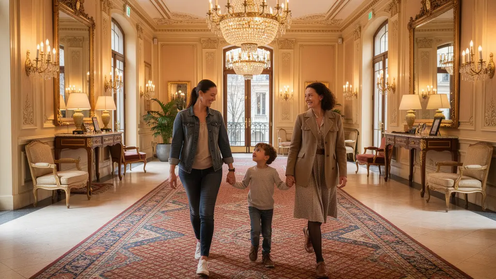 Famille traversant le hall élégant d'un hôtel parisien classique avec lustres