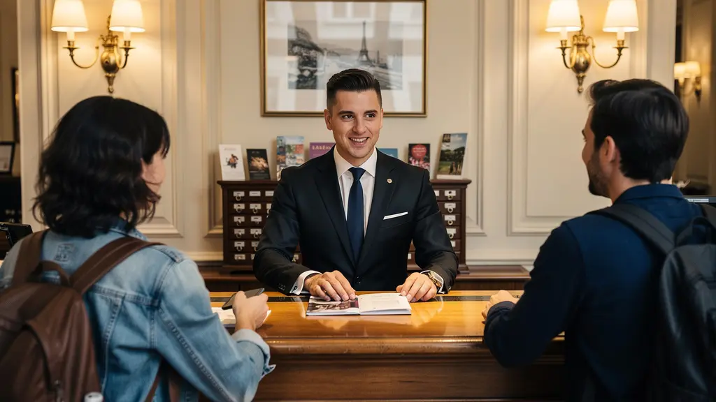 Concierge d'hôtel parisien conseillant des voyageurs à la réception