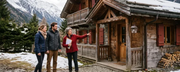 Une famille visitant un chalet de location en bois avec un agent immobilier dans une station alpine française en fin d'hiver.