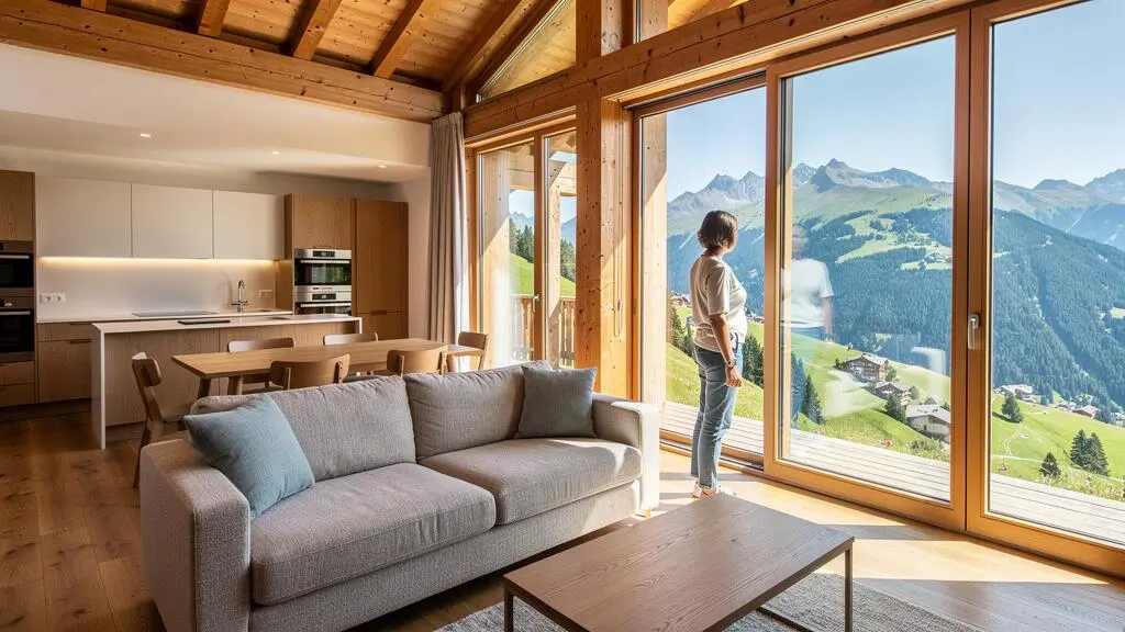 Intérieur lumineux d'une location de vacances en montagne avec salon ouvert, cuisine moderne et vue panoramique sur les montagnes en été.