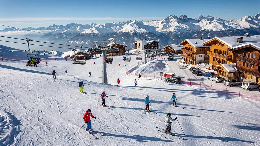 Station de ski française en pleine activité pendant la haute saison hivernale avec skieurs sur les pistes et remontées mécaniques en fonctionnement.