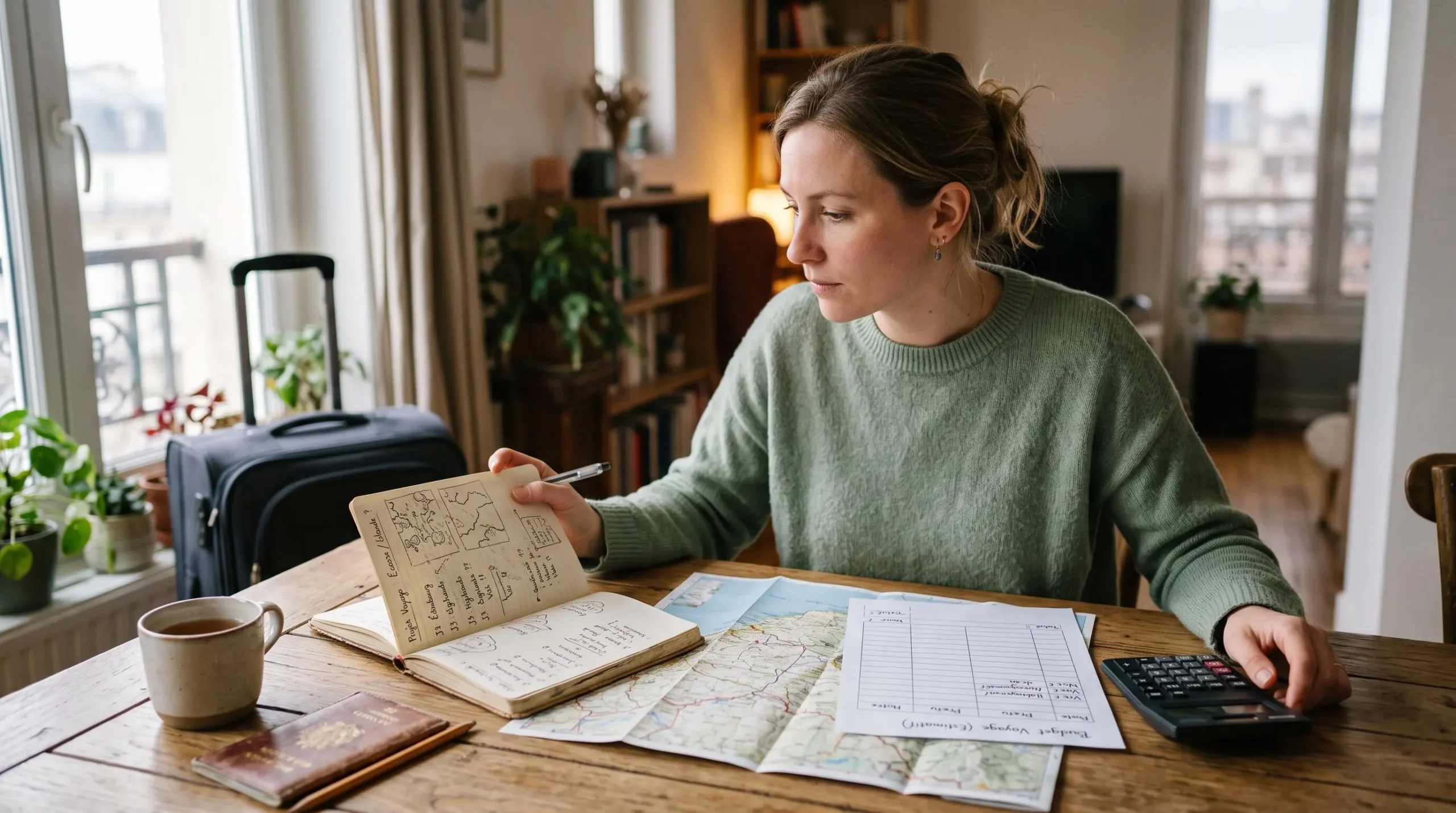 Un carnet de voyage, un billet non nominatif et une feuille budgétaire avec calculatrice sur une table