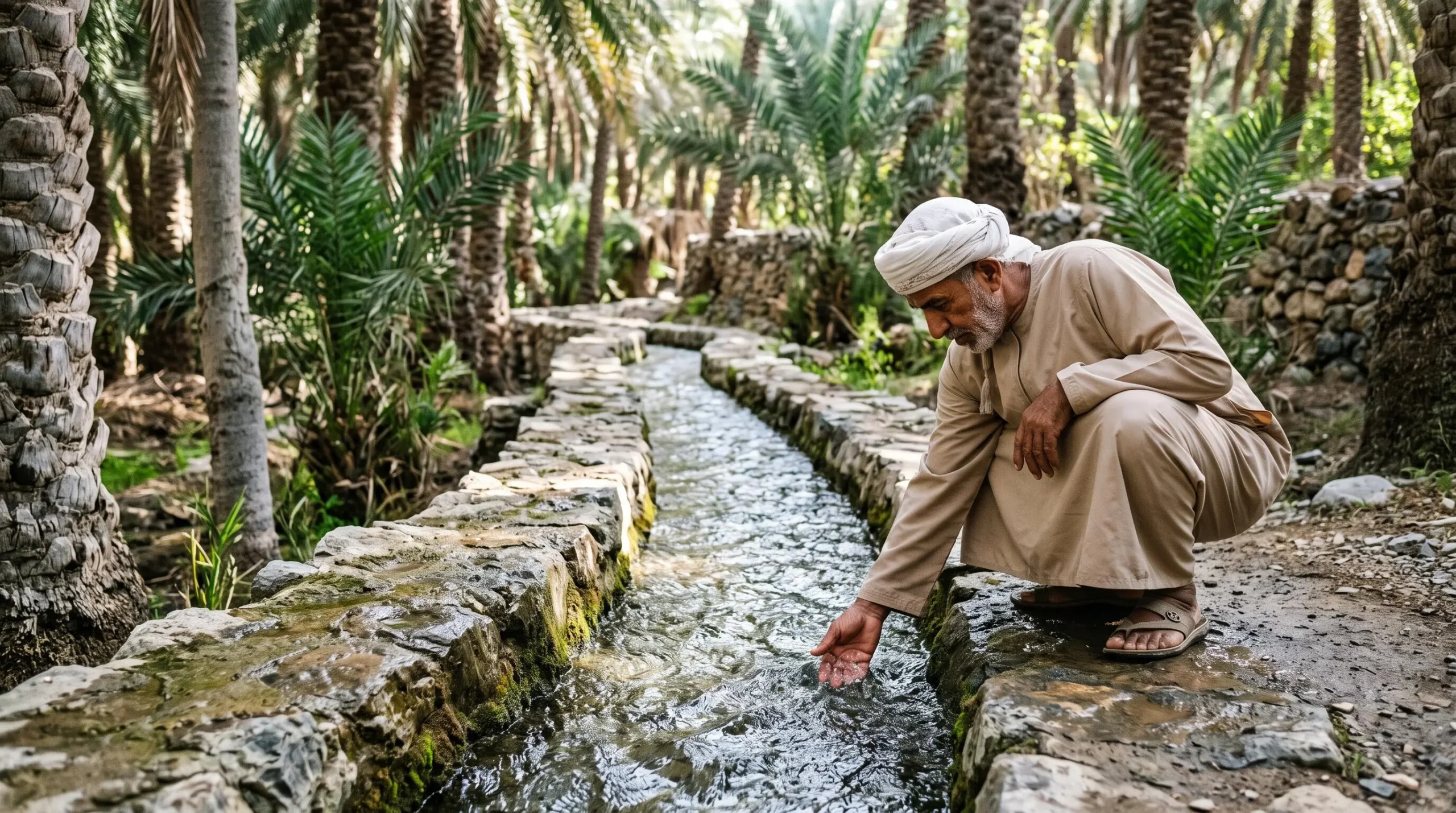 Un agriculteur vérifie l'eau d'un canal falaj dans une oasis omanaise.